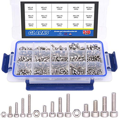 Glarks 510Pcs M3 M4 M5 304 Stainless Steel Hex Socket Head Cap Screws with Nuts Assortment Kit - size: Hex Socket Head Cap Screws Set