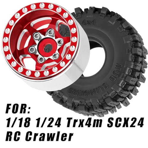 RC 1.0 Beadlock Truck Tires for 1/18 1/24 Trx4m SCX24 RC Crawler,RC Wheels Tires.Aluminum 1.0‘’ Beadlock Wheel Rim&1.0in Tires Tyres.Red(4PCS) - color: Bb-red