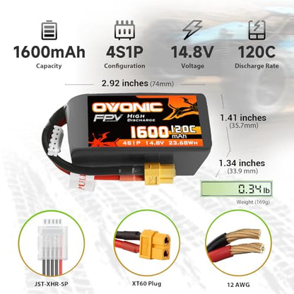 OVONIC 4S 1600mAh Lipo Battery 14.8V 120C Battery with XT60 Plug for RC Car Truck RC Vehicles Boat Drone RC Airplane Quadcopter Helicopter FPV Racing Hobby Models [1 Package Including 2 Batteries]