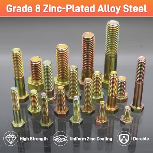 Quibbay 924Pcs Grade 8 Bolts and Nuts Assortment Kit, 1/4-20, 5/16-18, 3/8-16, 1/2-13 Heavy Duty Hex SAE Assorted Bolts Nuts and Washers Kit, Carbon Steel Machine Hardware Screw Sets with Case - style: 924PCS 1/4-20 5/16-18 3/8-16 1/2-13