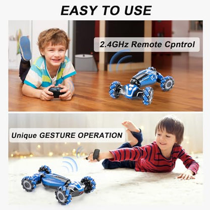 Remote Controlled Gesture Stunt Car,give for 5-12 Kids Birthday Gift | 4WD Drive Hand Remote Control car with 360° Flipping with Light and Music, Children's toys for boys and girls aged 5-12 - color: Deep Blue