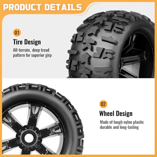 Preglued 1/8 Monster Truck Ties and Wheels OD 5.9" 17mm Hex MT Tires Wheels Set fit Traxxas Maxx E-Revo 2.0 3.3 Summit Revo 3.3 Arrma Kraton Outcast 4-6S Brushless Power