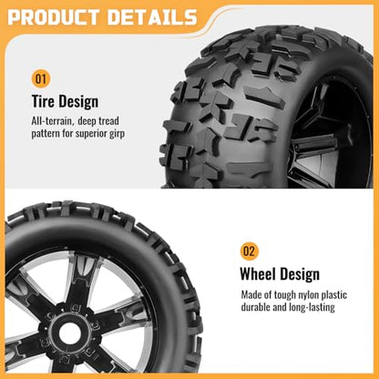 Preglued 1/8 Monster Truck Ties and Wheels OD 5.9" 17mm Hex MT Tires Wheels Set fit Traxxas Maxx E-Revo 2.0 3.3 Summit Revo 3.3 Arrma Kraton Outcast 4-6S Brushless Power
