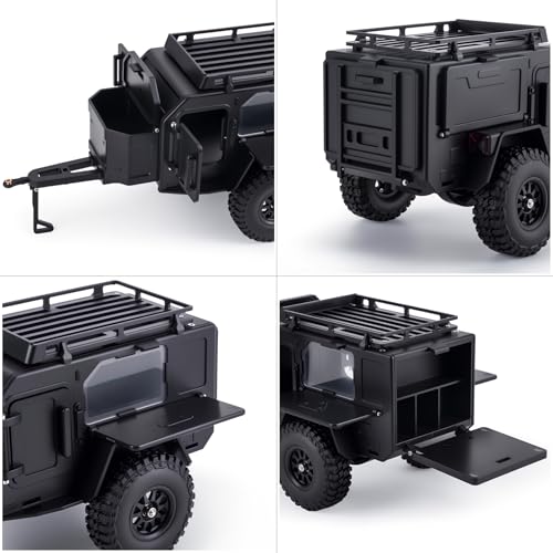AMK 1/18 1/24 RC Crawler Trailer, Scale Off-Road Camping Trailer with Roof Rack & Storage Box, Tow Trailer for SCX24 TRX4M FCX24 AX24 Bronco Defender K10 F150 RC Accessories (Black) - color: Black