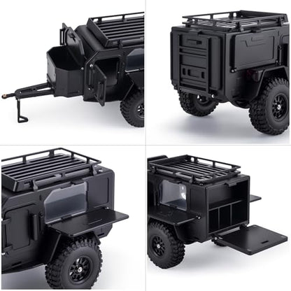 AMK 1/18 1/24 RC Crawler Trailer, Scale Off-Road Camping Trailer with Roof Rack & Storage Box, Tow Trailer for SCX24 TRX4M FCX24 AX24 Bronco Defender K10 F150 RC Accessories (Black) - color: Black