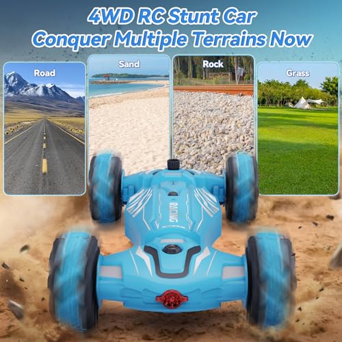 Dysaim Gesture Sensing RC Stunt Car, Cool Birthday Gifts for Boys Ages 6-12 Toys, 4WD Remote Control Car 360° Rotate Transform Drift RC Cars with Lights Music Sprayer, 2.4Ghz Hand Controlled - color: Sky Blue