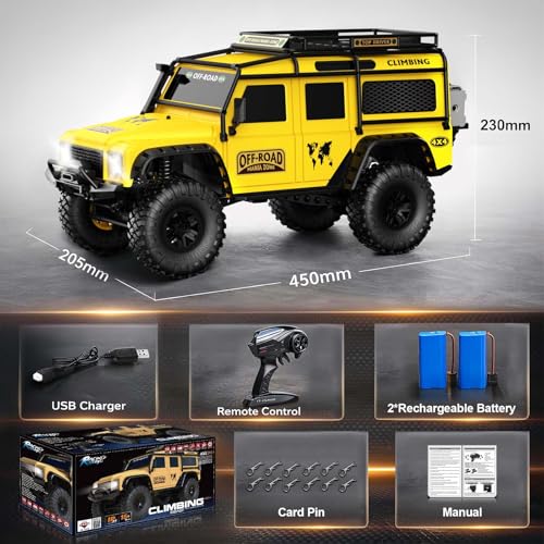 RC Cars RC Crawler 1/10 Scale RTR Remote Control Car 4WD 2.4GHz Brushed Offroad Racing Hobby Grade Model Vehicle with LED Lights 2Pcs Battery Toy for Kids and Adults - color: B-yellow