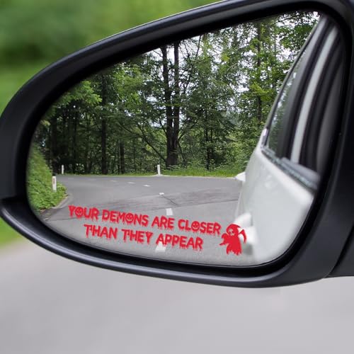 2PCS Funny Halloween Vanity Mirror Stickers, Gothic Car Accessories, Your Demons are Closer Than They Appear Car Mirror Decal, Vinyl Waterproof Bumper Sticker for Truck Window (Red) - color: Red