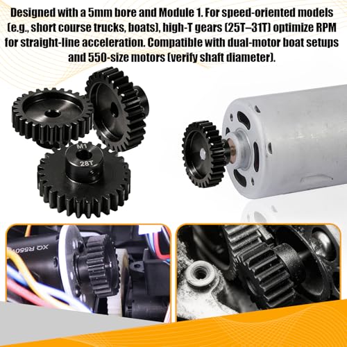 M1 Gear 28T 5mm Bore 3-Pack – High-Precision Hardened Steel Motor Pinion Gear for 1/8 1/10 RC Crawler, Monster Truck, Short Course Truck & Boat (Compatible with Traxxas Axial, FMS, HSP Redcat Losi) - style: M1 3Pcs 28T