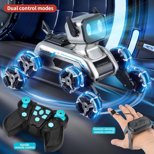 8WD RC Stunt Robot Dog, Gesture Sensing 2.4Ghz Remote Control Toy | 8 Wheeled RC stunt robot dog with gesture sensing & remote control, LED eyes and music, rechargeable toy for Kids 6-12