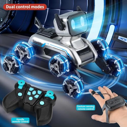 8WD RC Stunt Robot Dog, Gesture Sensing 2.4Ghz Remote Control Toy | 8 Wheeled RC stunt robot dog with gesture sensing & remote control, LED eyes and music, rechargeable toy for Kids 6-12