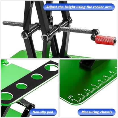 RC Work Stand Aluminum w/Screw Tray for 1/8 1/10 1/12 Scale RC Cars, Green | Lift Lower Adjustable RC Car Stand with Screw Tray RC Tool Set for RC Crawler Truck Traxxas Slash TRX4 Axial SCX10 Upgrades - color: Green