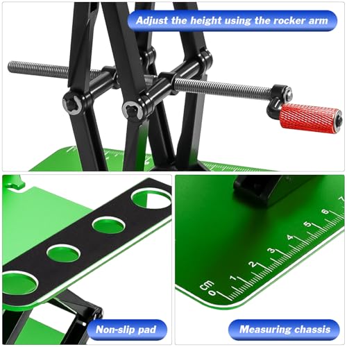 RC Work Stand Aluminum w/Screw Tray for 1/8 1/10 1/12 Scale RC Cars, Green | Lift Lower Adjustable RC Car Stand with Screw Tray RC Tool Set for RC Crawler Truck Traxxas Slash TRX4 Axial SCX10 Upgrades - color: Green