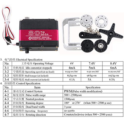 RDS5180 80kg Digital Metal Robotic Servo Motor High Torque Double-Shaft Robot Servo Arm Waterproof IP66 with U Metal Brackets for RC Car DIY Robot (180°) - size: 80KG 180°
