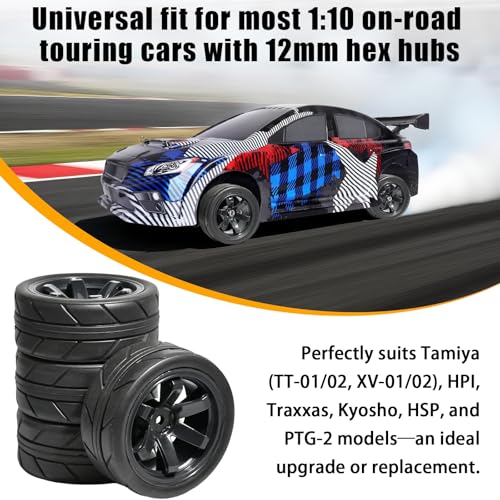OD 2.55" On Road Rubber Tires Plastic Wheel Rims 12mm Hex for 1/10 RC Car | Compatible with MJX HSP Tamiya HPI Kyosho Traxxas Sakura Redcat WLtoys 1/10 RC On-Road Racing Touring Car (4pcs, Black) - style: F-Black