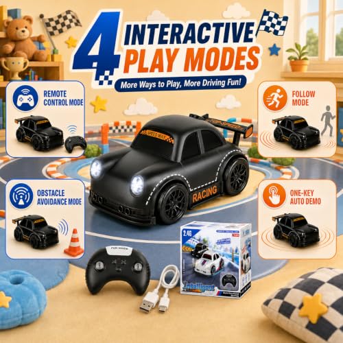 BYTEWAR 3-in-1 Remote Control car for Toddlers, Drift Follow Escape Modes | One-Key Auto Showcase Simulated Sounds and Headlights, Kids Toys for Age 3+ - color: Black Car