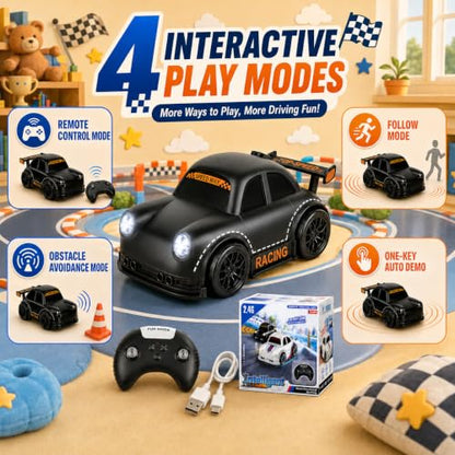 BYTEWAR 3-in-1 Remote Control car for Toddlers, Drift Follow Escape Modes | One-Key Auto Showcase Simulated Sounds and Headlights, Kids Toys for Age 3+ - color: Black Car