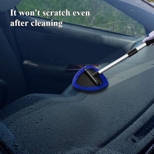 Windshield Cleaning Tool, Car Window Cleaner, Windshield Cleaner with 4 Washable Reusable Microfiber Pads and Extendable Handle, Auto Glass Wiper Cleaning Kit Universal for Car (Blue) - color: Blue