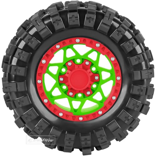 1/10 Scale RC Truck Tires,Wheels and Tires w/12/14/17MM Hex for Rustler Stampede Hoss,Arrm a Granite Vorteks Big Rock 3S,1/10 Off Road Tires Rubber Truck Tyres w/Foam Insert,Green w/Red - color: Green W/Red(4pcs)