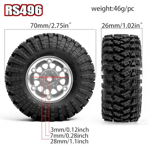 REDSPIDER•1.3 Beadlock Wheels and Crawler Mud Tires OD 2.75'' Aluminium Hub Hex Key 7mm (4PCS) for 1/18 1/24 TRX4M SCX24 AX24 FCX18 FCX24 RC Crawler Car (Silvery) - color: Silvery