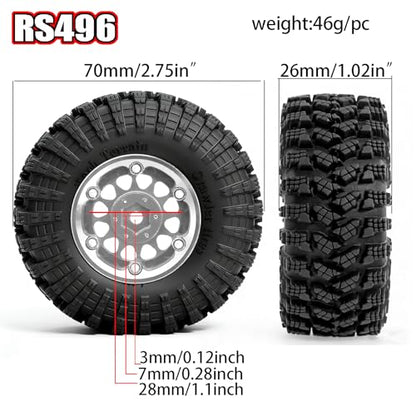 REDSPIDER•1.3 Beadlock Wheels and Crawler Mud Tires OD 2.75'' Aluminium Hub Hex Key 7mm (4PCS) for 1/18 1/24 TRX4M SCX24 AX24 FCX18 FCX24 RC Crawler Car (Silvery) - color: Silvery