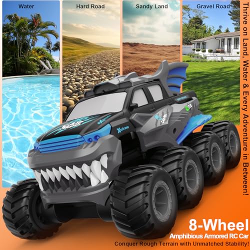 Amphibious Remote Control Car 8WD RC Monster Truck for Boys Age 8-12 Offroad Waterproof RC Pickup All Terrain RC Drift Cars Beach Pool Toys Gifts for Kids Blue - color: Blue