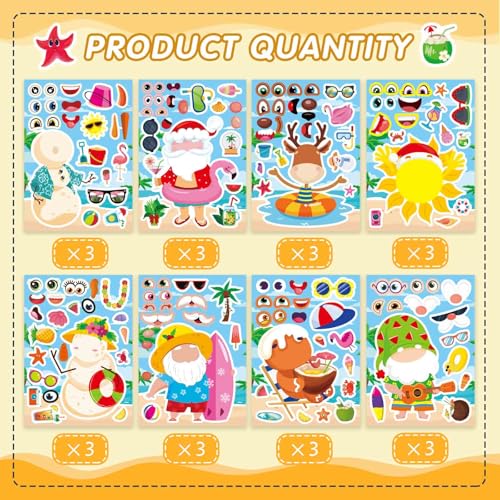 Hawaiian Tropical Summer Stickers for Kids, July Christmas Stickers | 24 PCS Make Your Own Mix and Match Sticker with Santa Claus, Reindeer, Gingerbread Man, Snowman, Summer Holiday Party Favor - style: July Christmas