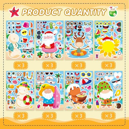 Hawaiian Tropical Summer Stickers for Kids, July Christmas Stickers | 24 PCS Make Your Own Mix and Match Sticker with Santa Claus, Reindeer, Gingerbread Man, Snowman, Summer Holiday Party Favor - style: July Christmas