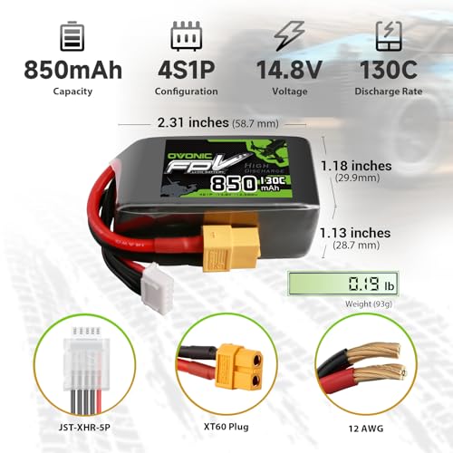 OVONIC 14.8V 130C 850mAh 4S Lipo Battery with XT60 Plug