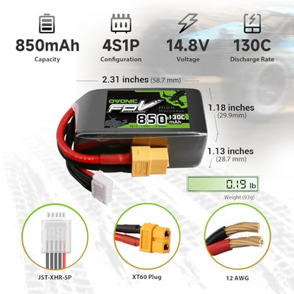 OVONIC 14.8V 130C 850mAh 4S Lipo Battery with XT60 Plug
