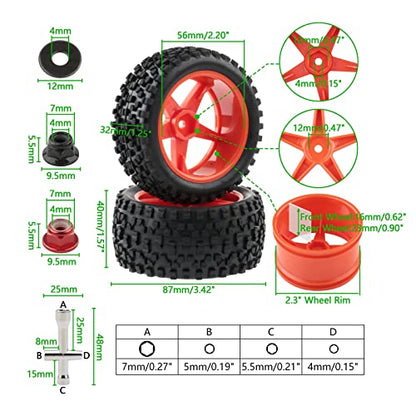 1/10 Buggy Tires & Wheels Set - Front & Rear Different Sizes 12mm Hex Red 5-Spoke Rims, Compatible with Traxxas Bandit, Redcat, Tamiya - Includes Lock Nuts, Washers & Wrench