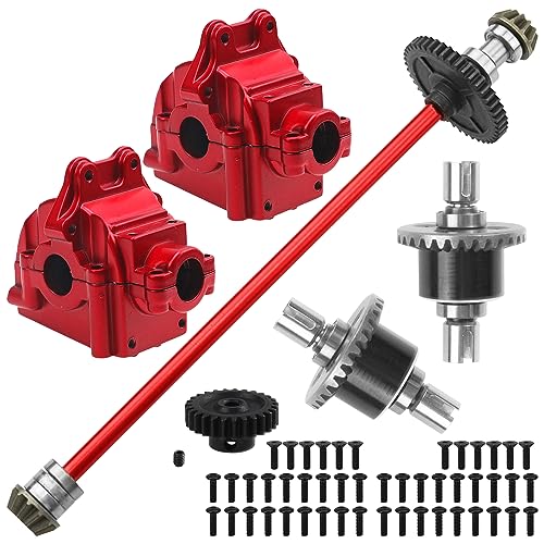 ShareGoo Metal Gearbox Housing Differential Cover & Differential Gear Set & Central Drive Shaft Compatible with WLtoys 144010 144001 144002 1/14 RC Car Upgrade Part (Red) - color: Red