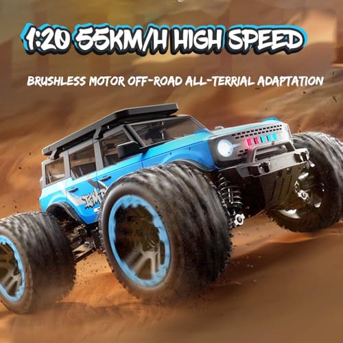 1/20 RC Cars for Adults Fast 55KPH, Electric Brushless Motor Off-Road RC Truck, 4WD Remote Control Car All Terrain, High Waterproof Speed Monster Truck, 3 Batteries(Blue) - color: 3 Batties(blue1)