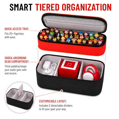 Bevegekos 2-Layer Carrying Case for Toniebox Gen 1 & 2, Holds 25+ Figures | Top tray + deep bottom fit audio box, charging station & headphones; water-resistant 600D shell with EPE foam padding inside - color: Black/Orange