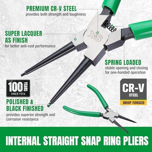 SK 7-Inch Snap Ring Pliers, Internal Circlip Pliers with Straight Jaw | Tip Diameter 0.07'', Premium CR-V Steel, Polished & Black Finished Tip, Spring-Loaded, Anti-Slip Grip - style: Internal Straight
