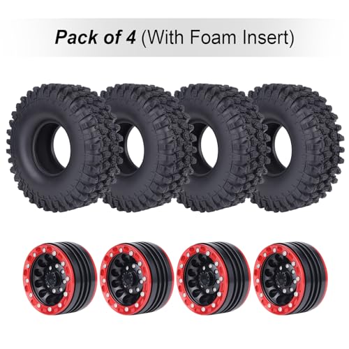 Hobbypark 1.9 Beadlock Wheel Rims Aluminum and 1.9 RC Crawler Tires 4.7 Inch Height Outer Diameter Foam Inserts for Traxxas TRX4 Axial SCX10 SCX10 II III Redcat Gen 8, Set of 4 (w/Red Rims)