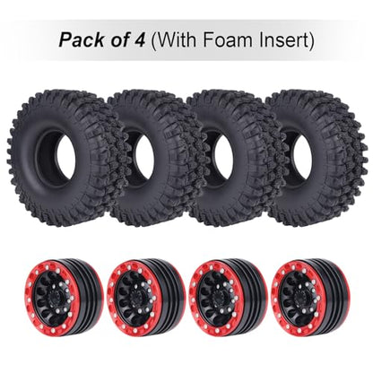 Hobbypark 1.9 Beadlock Wheel Rims Aluminum and 1.9 RC Crawler Tires 4.7 Inch Height Outer Diameter Foam Inserts for Traxxas TRX4 Axial SCX10 SCX10 II III Redcat Gen 8, Set of 4 (w/Red Rims)