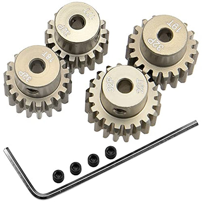 ShareGoo 7075 Aluminum Alloy 32DP 3.175mm Pinion Gear Sets 17T 18T 19T 20T Motor Gears Fit 3.175mm (1/8-Inch) Shaft Compatible with HPI Losi Axial Traxxas Tamiya 1/10 RC Car,4Pack