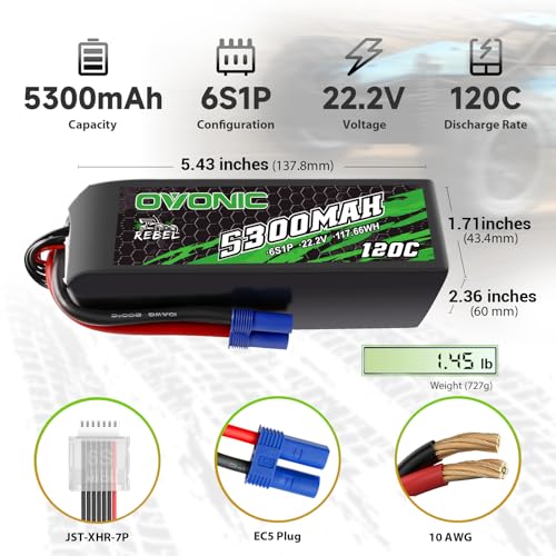 OVONIC 22.2V 120C 5300mAh 6S Lipo Battery with EC5 Plug for RC Car Boat Truck Helicopter Airplane Racing Models
