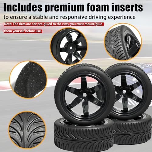 OD 2.55" On Road Rubber Tires Plastic Wheel Rims 12mm Hex for 1/10 RC Car | Compatible with MJX HSP Tamiya HPI Kyosho Traxxas Sakura Redcat WLtoys 1/10 RC On-Road Racing Touring Car (4pcs, Black) - style: E-Black