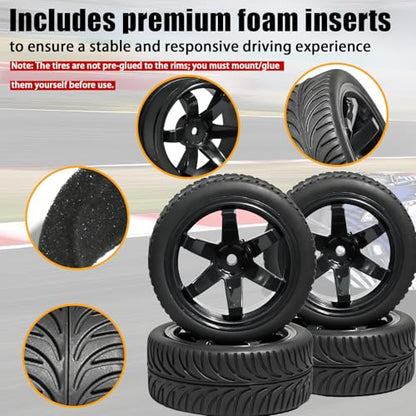 OD 2.55" On Road Rubber Tires Plastic Wheel Rims 12mm Hex for 1/10 RC Car | Compatible with MJX HSP Tamiya HPI Kyosho Traxxas Sakura Redcat WLtoys 1/10 RC On-Road Racing Touring Car (4pcs, Black) - style: E-Black