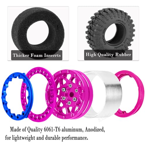 RC 1.3" Beadlock Wheel Tires Set/RC Wheels and Rim for 1/18 1/24 Trx4m SCX24 FCX24 RC Crawler Car,Aluminum 1.3 Wheel Rim Soft Rubber Tires w/Wheels Ring,Pink - color: Pink- (Wheel Tires)