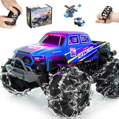 Amphibious Remote Control Car, Monster Trucks for Boys Age 4-7, Monster Truck Toys W/Blocks & 360°Spin, 4WD All-Terrain Off-Road RC Cars with 2 Batteries 100 min, 2.4GHz Pool Toy Gift for Kids - color: Blue