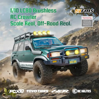 BEEZRC FMS FCX10 1/10 RC Crawler Toyota Licensed OVR Land Cruiser 80, HDR Wheel&Brushless Motor&LED Light, 4WD Off-Road RC Rock Truck, Hobby Grade Remote Control Car for Adults, RS No Battery Green - color: Green
