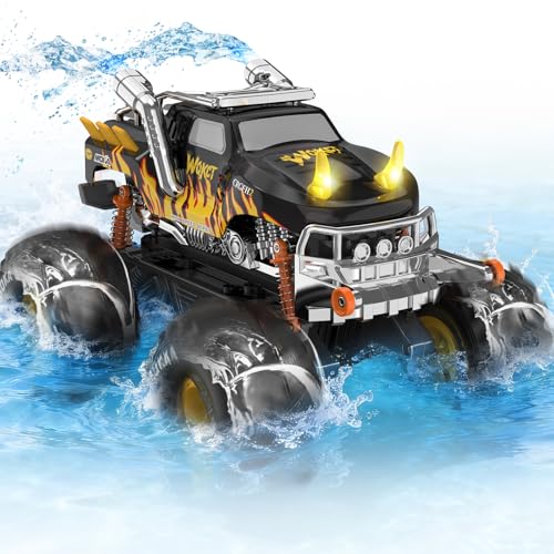 Amphibious 1:16 Waterproof Monster Truck Toys RC Car Water Blaster Trucks 60+ Min Runtime with 2 Batteries 360 Spin 4WD All Terrain Off-Road rc car water Toys 5-12 Year Old Kids Back-to-school season - color: Yellow