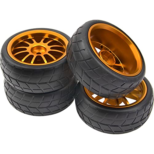 OD 2.55" Rubber Tires & Metal Wheel Rims 12mm Hex Hub Compatible with HSP Tamiya HPI Kyosho 1/10 On-Road Touring Car WLtoys 1/14 144001 Traxxas 1/16 Slash 1/18 A959B RC Buggy (Orange) - color: Orange