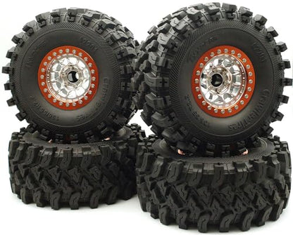 136mm 2.2 Aluminium Beadlock Wheels and Tires Set (4-Piece) for 1/10 RC Crawler (Silver Orange) - color: Silver Orange