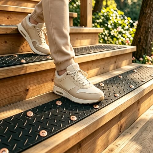 2 Pack Rubber Screw Down Non Slip Stair Treads 31.5"x4",Weatherproof Anti-Slip Step Grips for Outdoor Wooden Steps Porch Yard Walkway, Dogs and People Walk Safely for Rain Snow Ice.