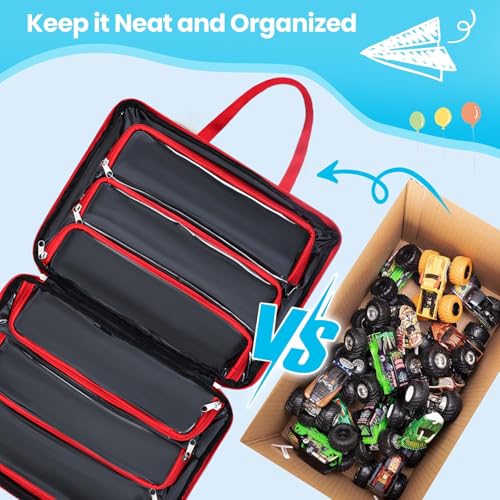 Carrying Case for 40 Monster Jam Trucks, Kids Toy Truck Storage Compatible with 40 Monster Jam Trucks, Holding for 1:64 Scale Monster Jam Trucks (Red) - color: Red