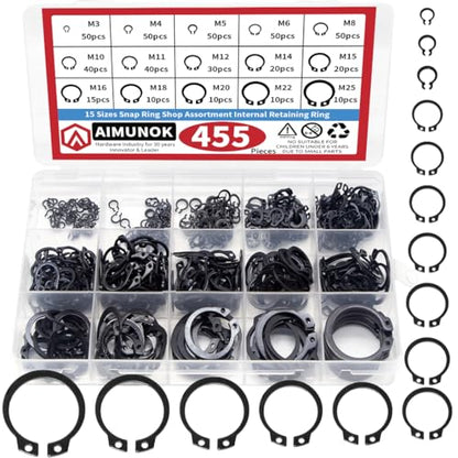 455Pcs External Retaining Rings Snap Rings Assortment Kit, External C-Clip Set Carbon Steel, 15 Sizes Circlip Snap Rings M3 - M25 - size: 455pcs C-clip Carbon Steel